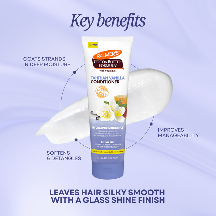 A tube of Palmer's Cocoa Butter Conditioner in Tahitian Vanilla is centered on a light lavender background with marketing text and callouts about hair benefits. The product tube is white with purple, yellow, and brown label details, and the image includes a large white foam swirl behind it.