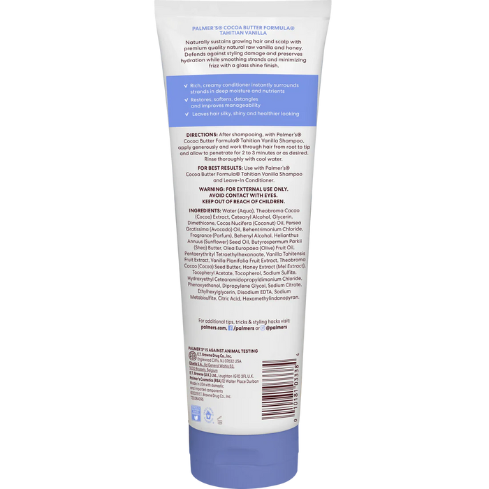 The back of a Palmer's Cocoa Butter Formula Tahitian Vanilla Conditioner 
tube, showing the product instructions, ingredients, and a barcode on a white background.