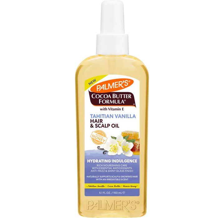 A bottle of Palmer's Cocoa Butter Formula Hair & Scalp Oil in Tahitian Vanilla scent, filled with a golden yellow liquid, featuring a white cap and a detailed label with honey and vanilla flower illustrations.