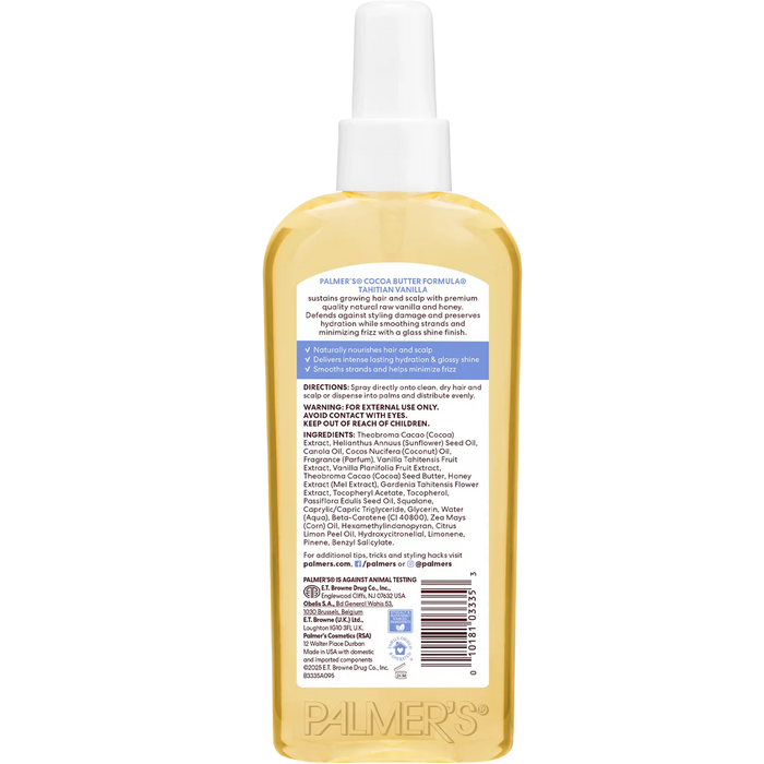 Back view of a bottle of Palmer's Cocoa Butter Formula Hair & Scalp Oil in Tahitian Vanilla, showing the detailed product instructions and ingredients on the label.