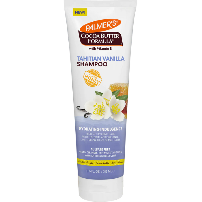 A tube of Palmer's Cocoa Butter Formula Tahitian Vanilla Shampoo, featuring white, purple, and orange packaging with illustrations of vanilla flowers and a honeycomb.