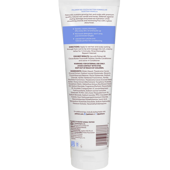 Back view of a white tube of Palmer's Cocoa Butter Formula Tahitian Vanilla Shampoo, showing the product instructions, ingredients, and barcode on a white background.