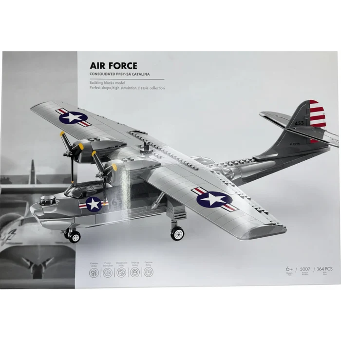 A model kit box for an Air Force Consolidated P-39 Catalina, featuring a detailed illustration of the silver aircraft with US military insignia on a light gray background.