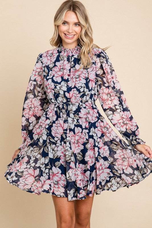 Poetic Floral Chiffon Long Sleeve Dress