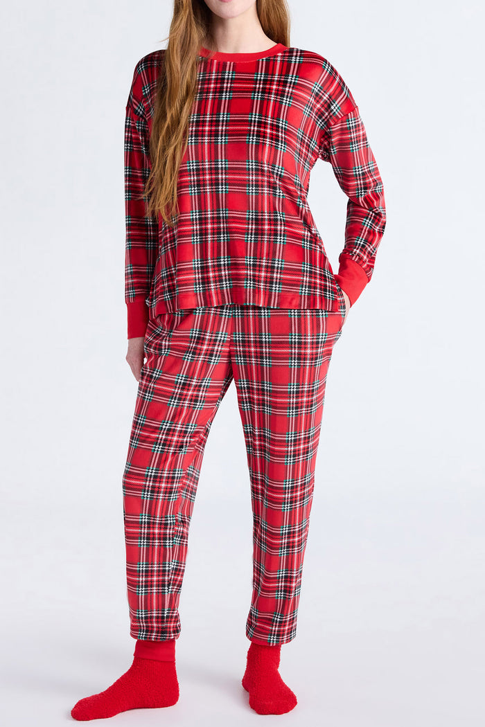 Red Festive Plaid Ribbed Trim Round Neck Long Sleeve Top Comfy Lounge Pant Set — image 03