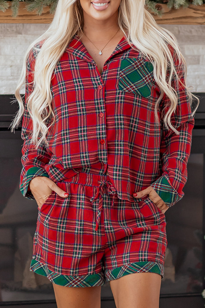 Red Plaid Contrast Patched Christmas Shirt & Short Pajama Set — image 07