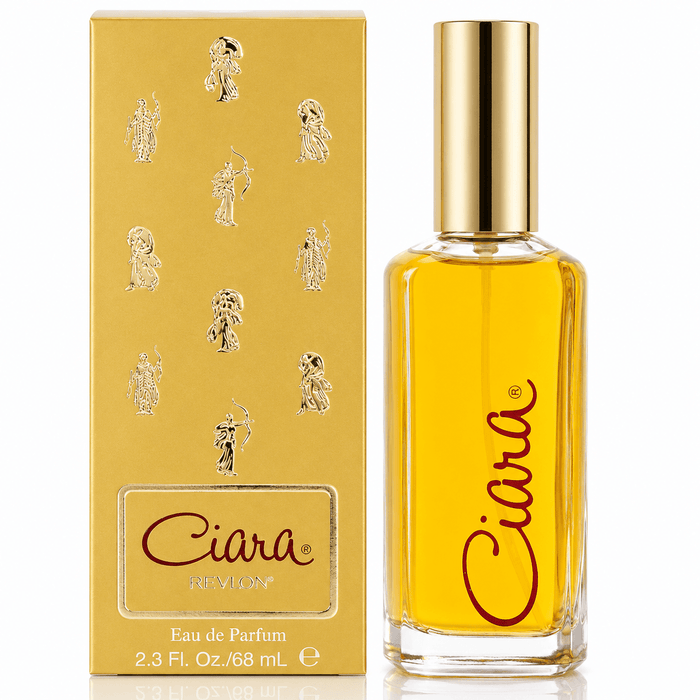 Revlon Ciara EDP perfume in a clear rectangular glass bottle with golden amber liquid and gold cap, beside gold patterned box