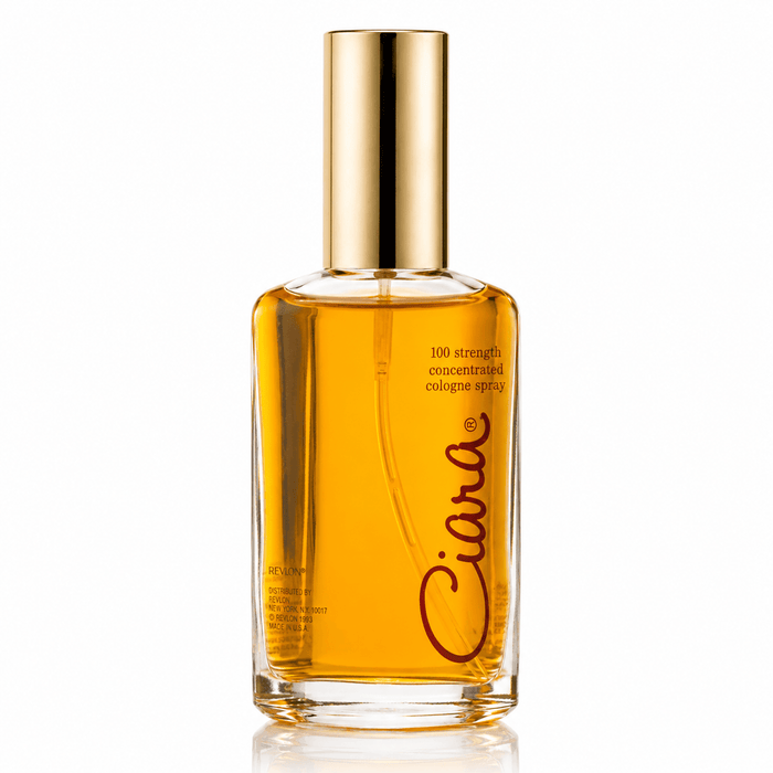 Revlon Ciara EDP perfume in an amber glass spray bottle with a gold cap and cursive Ciara lettering