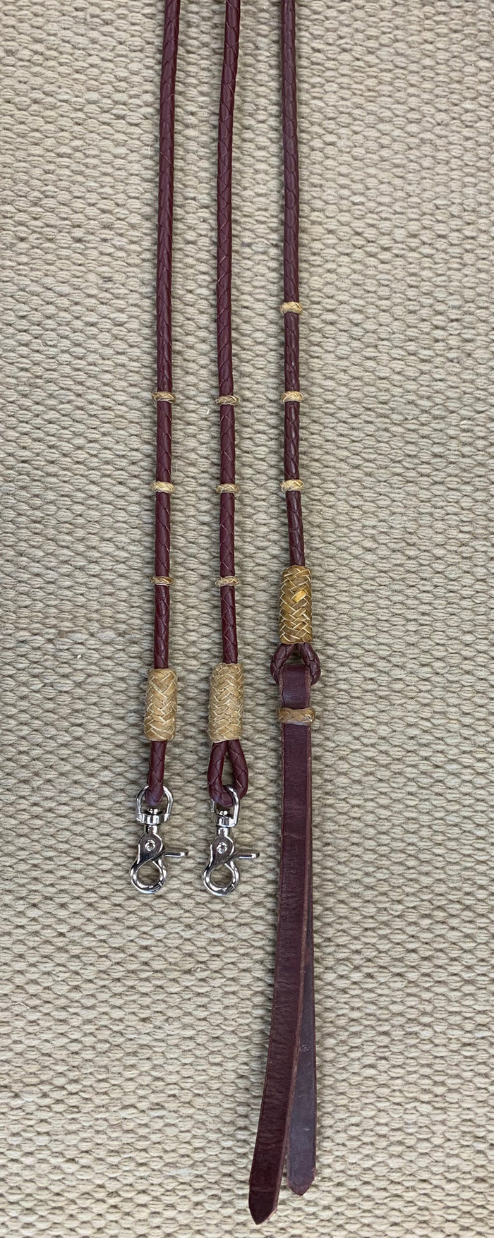 Romal Reins - RR44 - 4 Plait Latigo Dark Red w/ Rawhide Accents and Snaps 96"