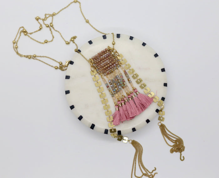 Seed Bead Tassel Chandelier Necklace