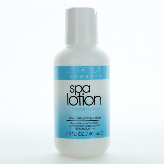 Spa Lotion Fragrance Free body lotion in a white bottle with a pale blue label and moisturizing formula text