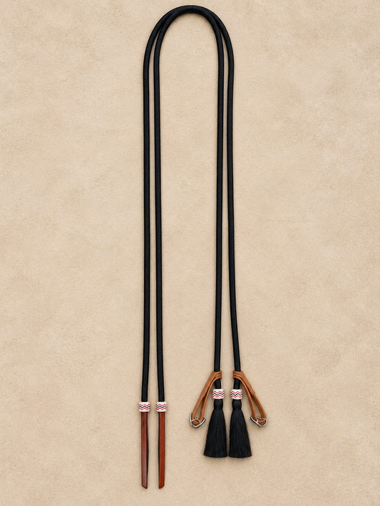 Split Reins - SR35 - 8' Black Rope Split with Rawhide Buttons and Slobber Leathers