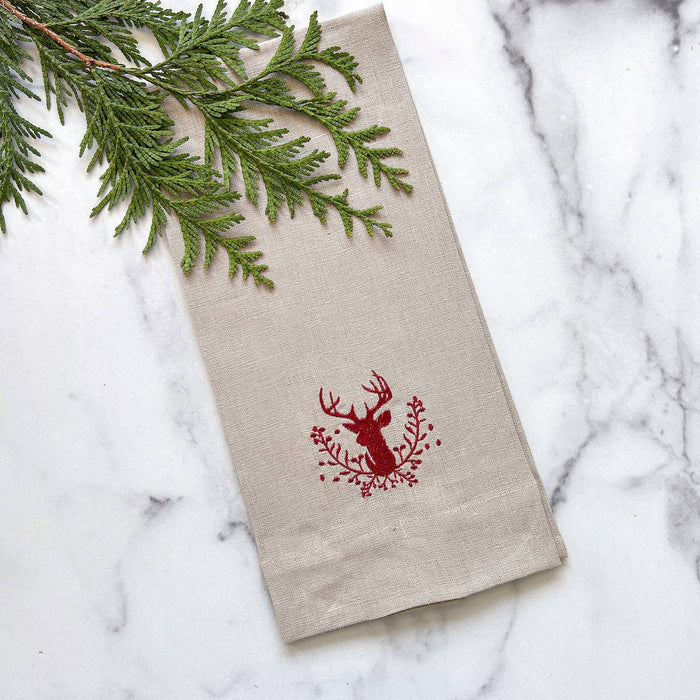 Stag with Holly Berries Linen Towel