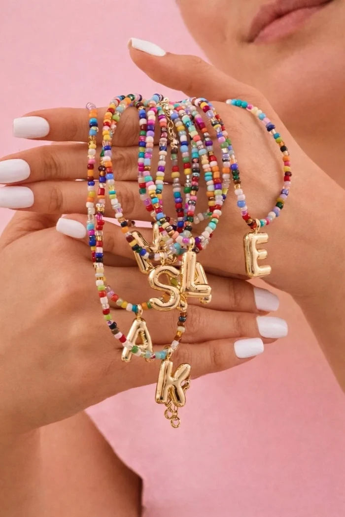 Waterproof - Colorful Beaded Initial Bubble Necklace - 26 OPTIONS // SHIPS IN 1-2 WEEKS