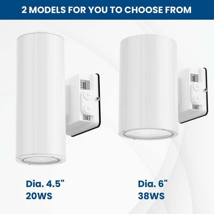 Two models of white Konlite LED Cylinder Up and Down Wall Light fixture