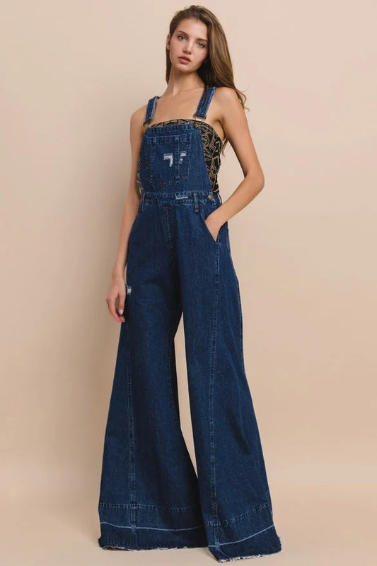 Wide Leg Distressed Denim Overalls