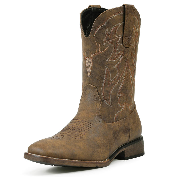 Winbird Cowboy Boots for Men Square Toe Western Boots Retro Classic Embroidered Pull On Boot for Festivals and Gift-giving