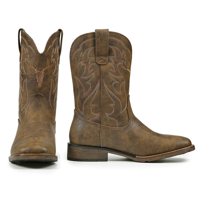 Winbird Cowboy Boots for Men Square Toe Western Boots Retro Classic Embroidered Pull On Boot for Festivals and Gift-giving