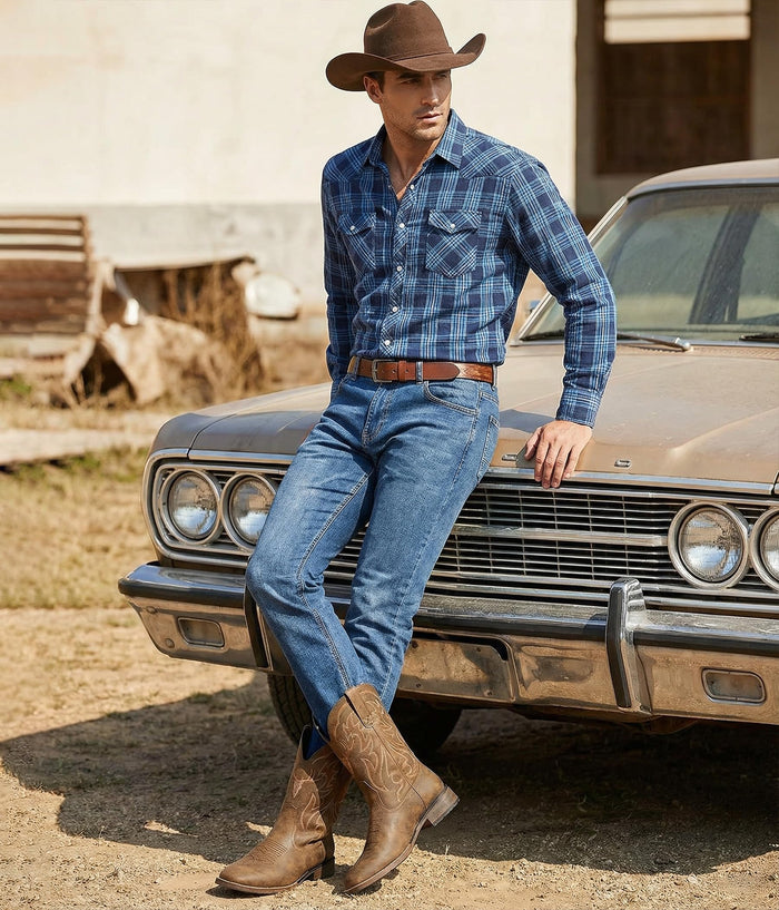 Winbird Cowboy Boots for Men Square Toe Western Boots Retro Classic Embroidered Pull On Boot for Festivals and Gift-giving